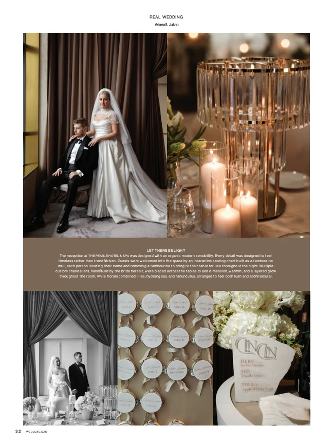 Alena and Julian real-wedding title page from WedLuxe Issue 36